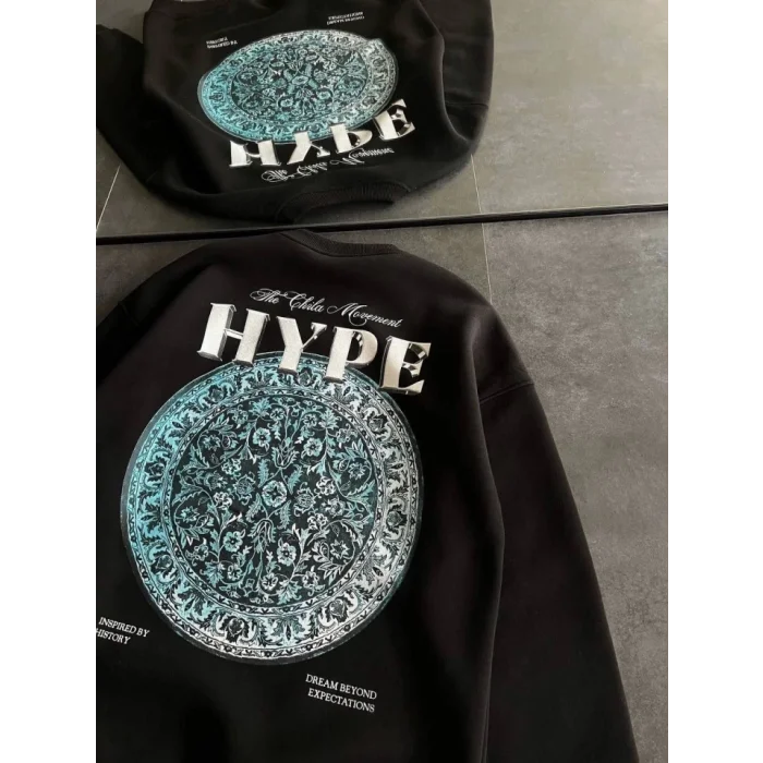 Üç İplik Bisiklet Yaka Baskılı SweatShirt - Siyah