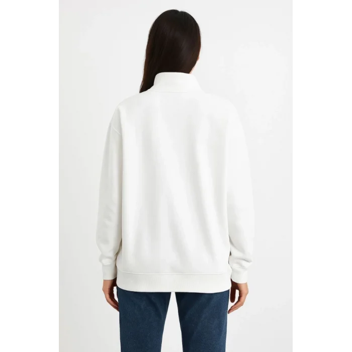 Üç İplik Dık Yaka Yarım Fermuarlı SweatShirt - Beyaz