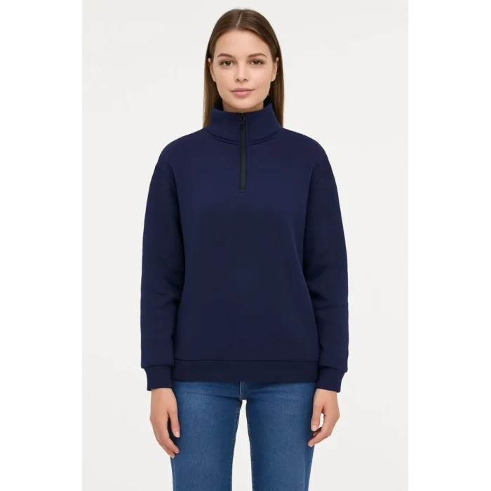 Üç İplik Dık Yaka Yarım Fermuarlı SweatShirt - Lacivert