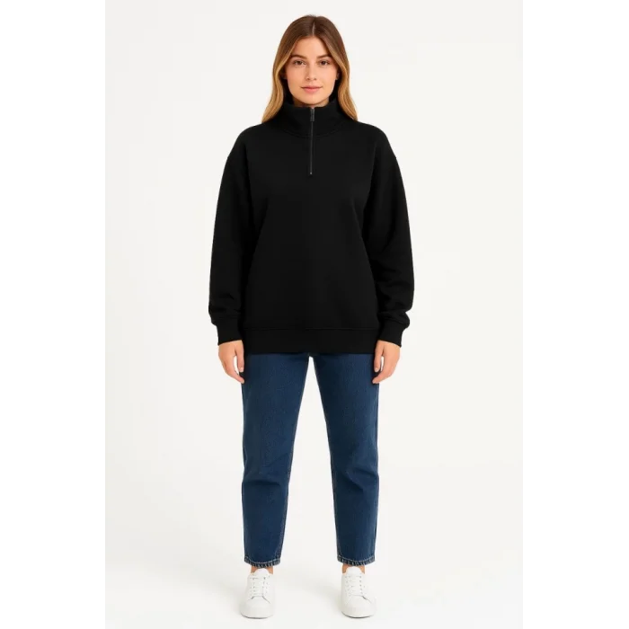 Üç İplik Dık Yaka Yarım Fermuarlı SweatShirt - Siyah