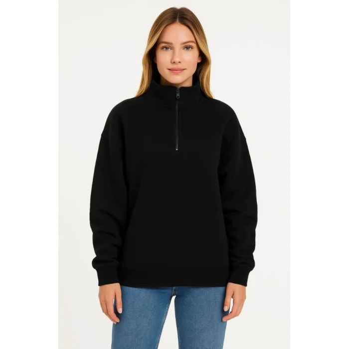 Üç İplik Dık Yaka Yarım Fermuarlı SweatShirt - Siyah