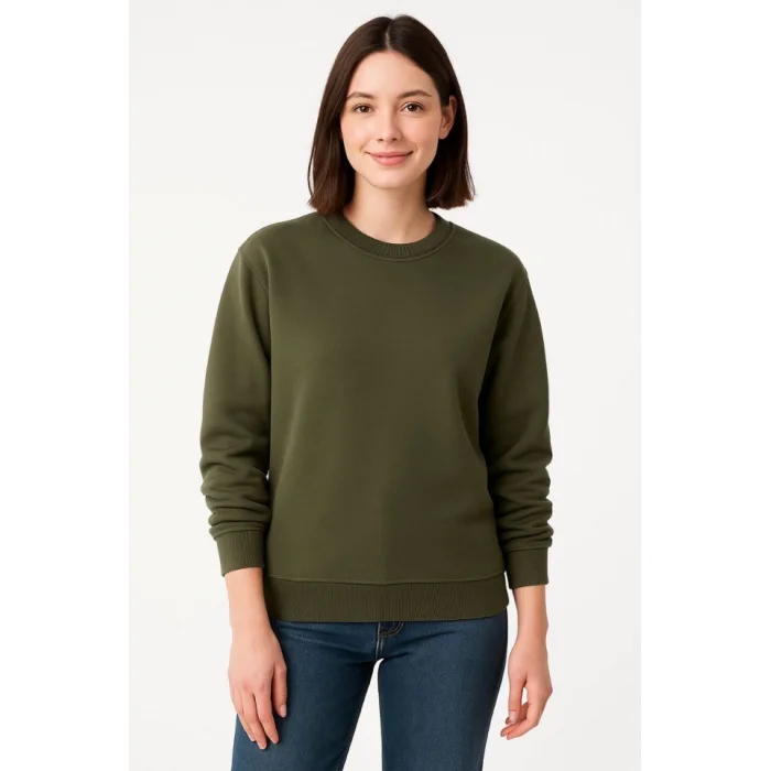 Üç İplik Düz Bisiklet Yaka SweatShirt - Haki