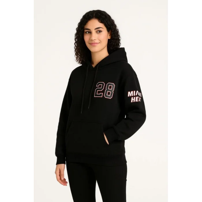 Üç İplik Kapüşonlu Ön Ve Arka Baskılı SweatShirt Hoodie - Siyah