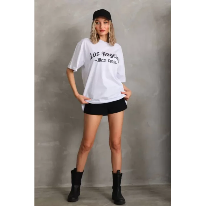 Unisex Baskılı Oversize T-Shirt - Beyaz