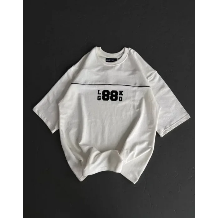 Unisex Bisiklet Yaka Baskılı Oversize T-Shirt - Beyaz