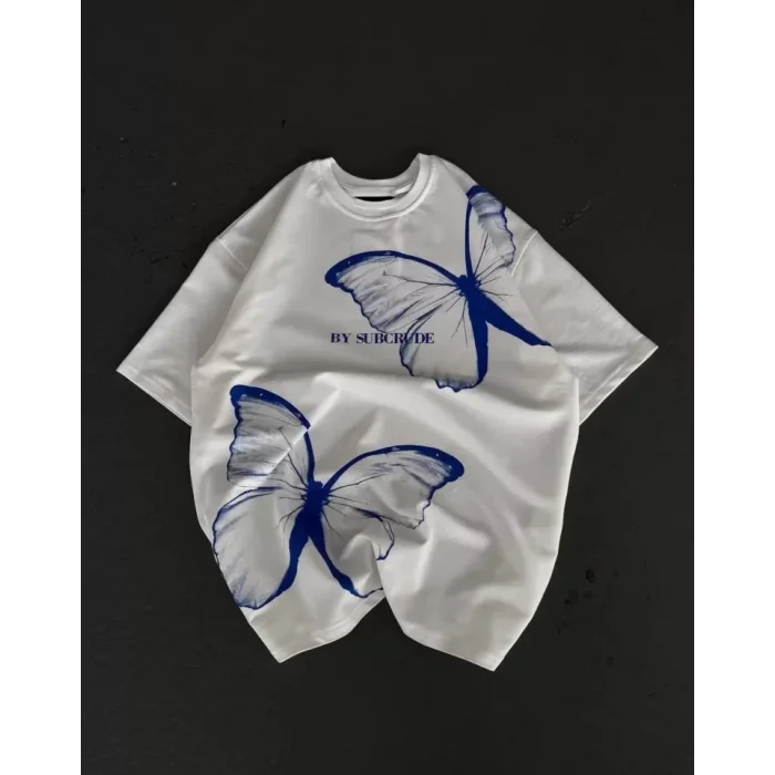 Unisex Bisiklet Yaka Baskılı Oversize T-Shirt - Beyaz