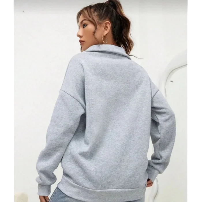 Unisex Uzun Kol Yarım Farmuarlı Yakalı Basic SweatShirt - Gri