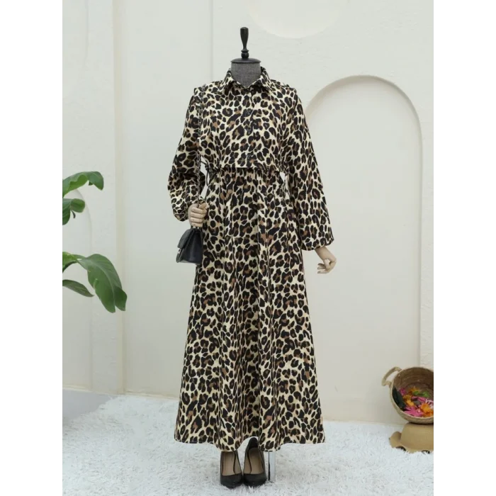 Üstü Gömlek Detaylı Leopar Desenli Elbise -Vizon