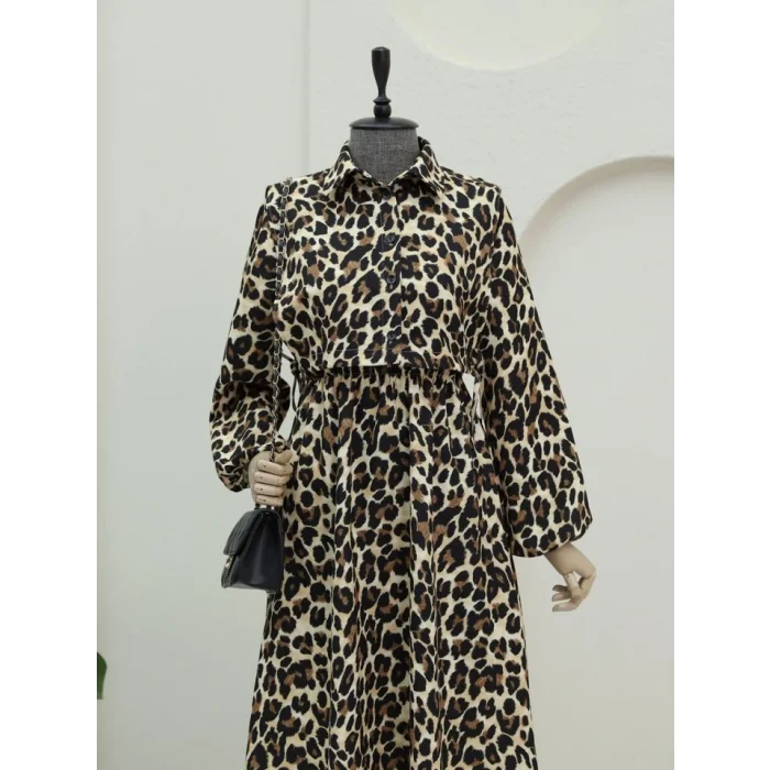 Üstü Gömlek Detaylı Leopar Desenli Elbise -Vizon