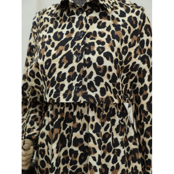 Üstü Gömlek Detaylı Leopar Desenli Elbise -Vizon
