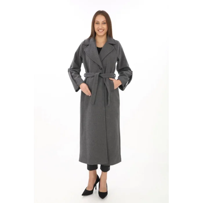 Uzun Kaşe Kaban – Yünlü Dokuma Kaşmir Kumaş, Kruvaze Yaka, Kuşaklı Astarlı Tesettür Uyumlu Şık Kışlık Siyah Model - Füme