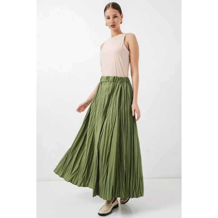 Uzun Kırışık Etek 8042 - A.Haki