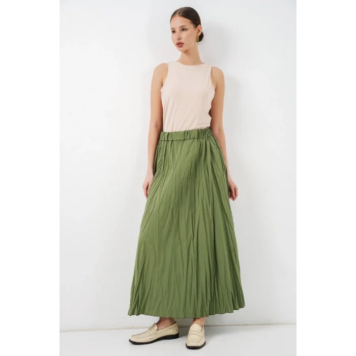 Uzun Kırışık Etek 8042 - A.Haki