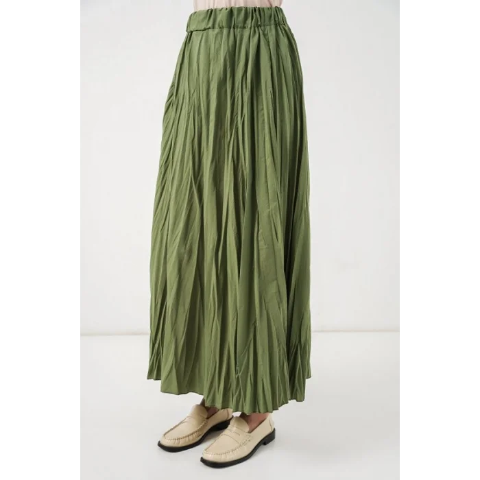 Uzun Kırışık Etek 8042 - A.Haki