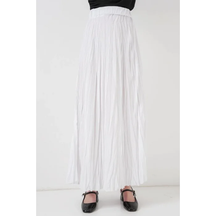 Uzun Kırışık Etek 8042 - Beyaz