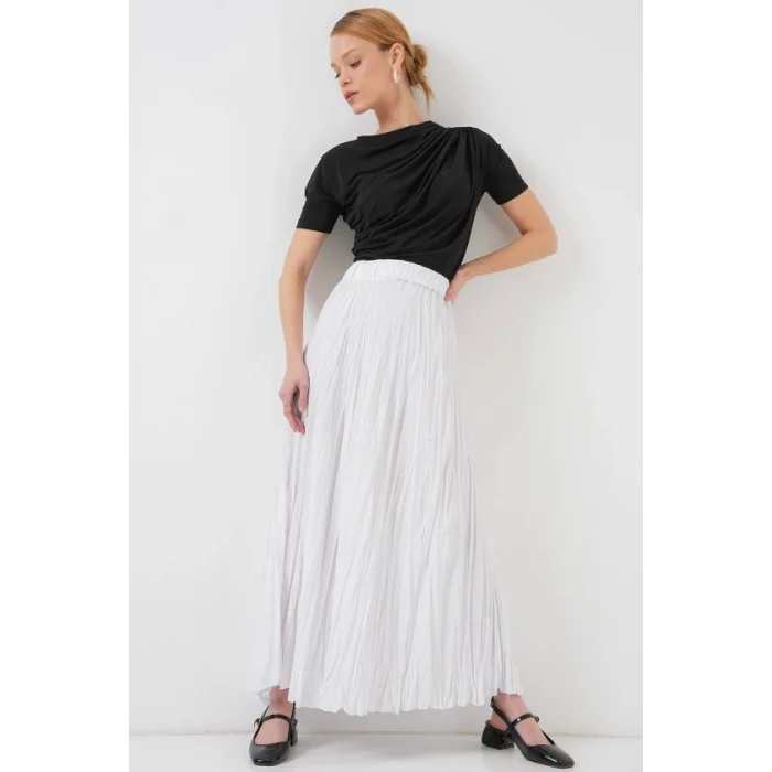 Uzun Kırışık Etek 8042 - Beyaz