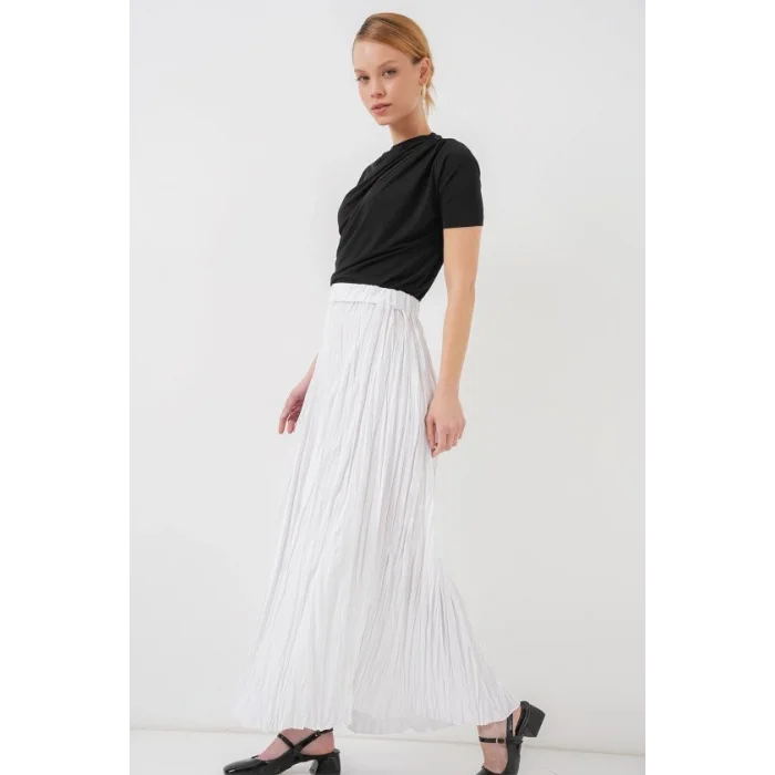 Uzun Kırışık Etek 8042 - Beyaz
