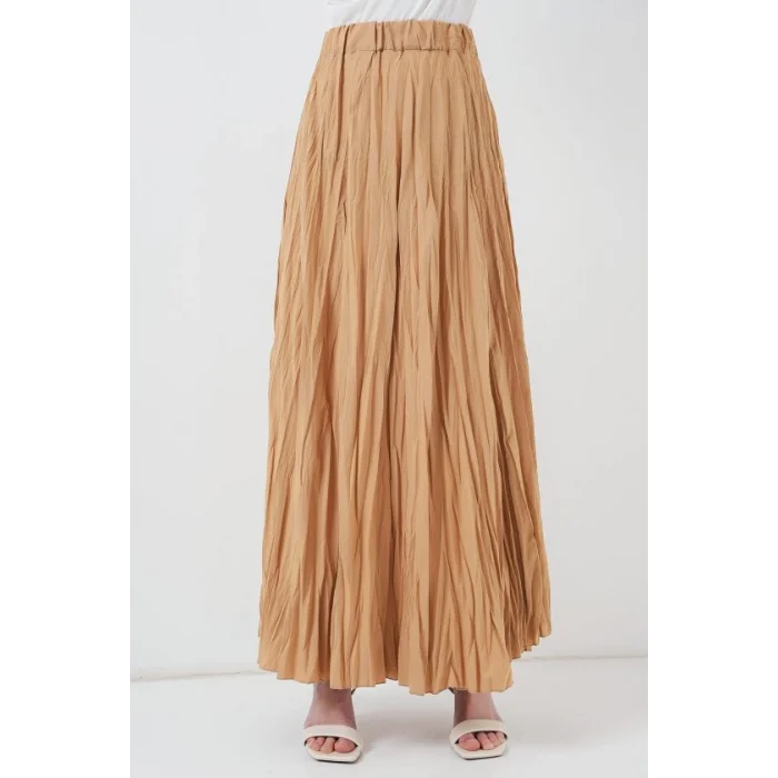 Uzun Kırışık Etek 8042 - Bisküvi