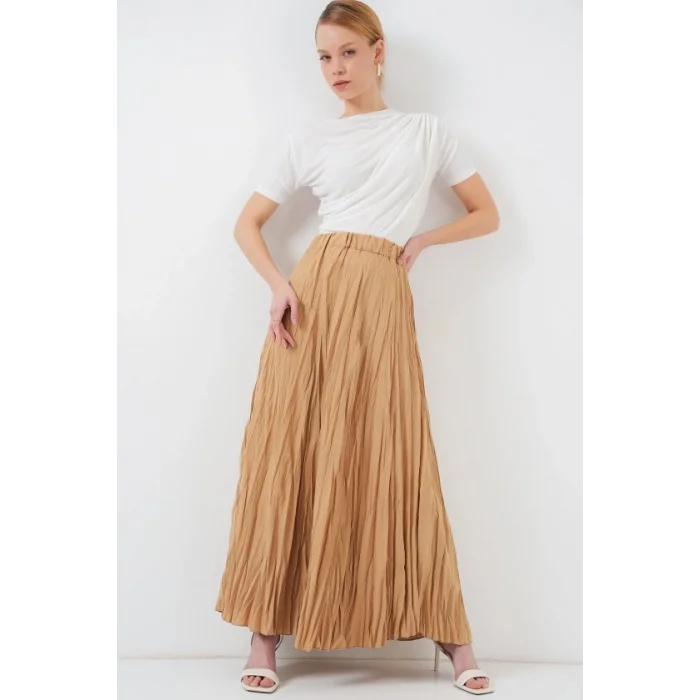 Uzun Kırışık Etek 8042 - Bisküvi