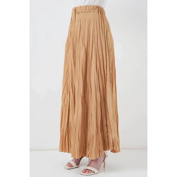 Uzun Kırışık Etek 8042 - Bisküvi