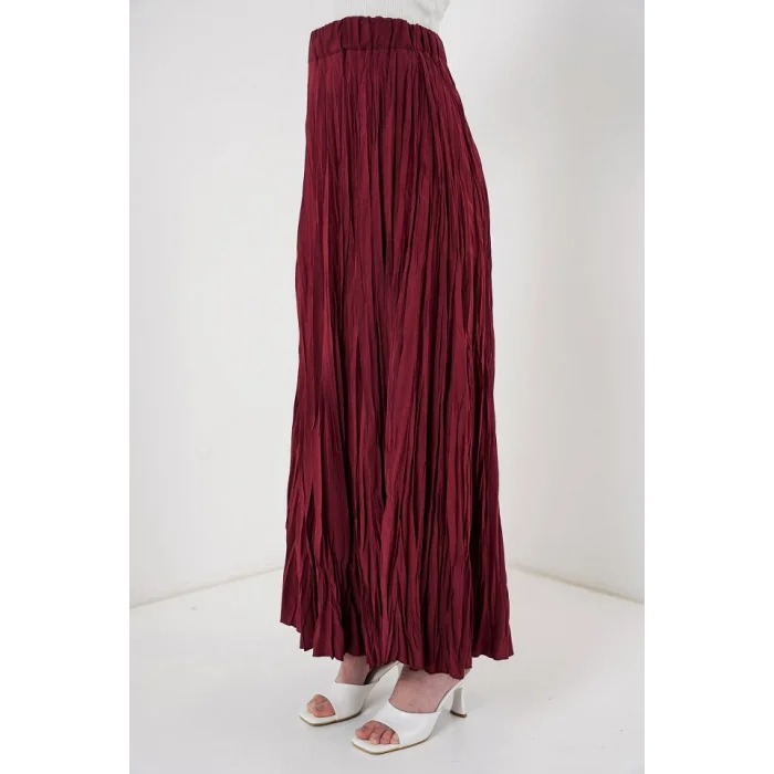 Uzun Kırışık Etek 8042 - Bordo