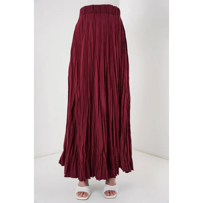 Uzun Kırışık Etek 8042 - Bordo