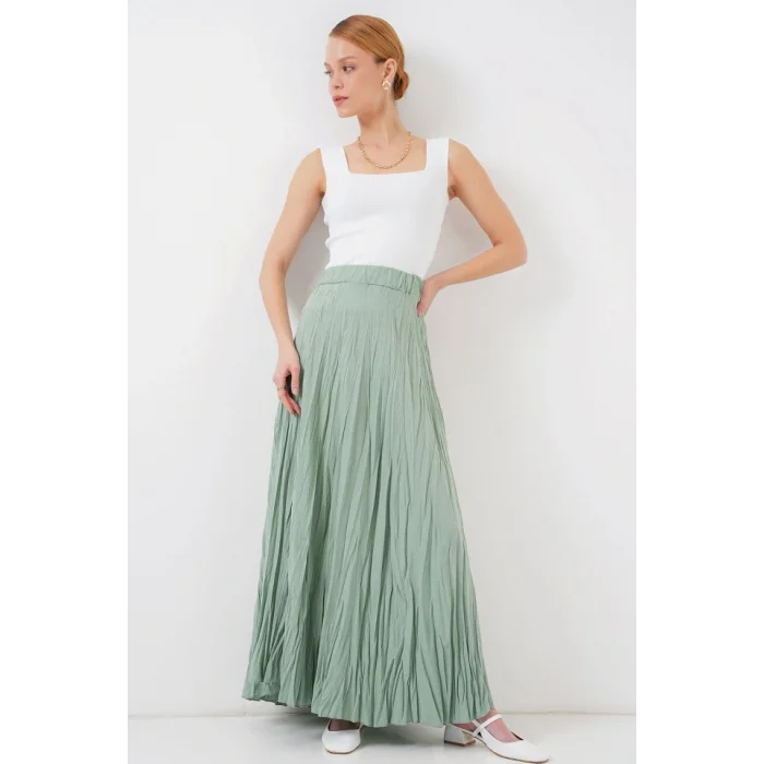 Uzun Kırışık Etek 8042 - Çağla