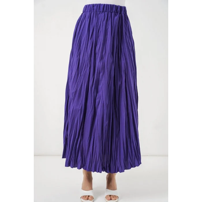 Uzun Kırışık Etek 8042 - Mor