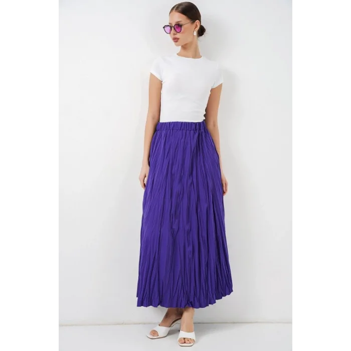 Uzun Kırışık Etek 8042 - Mor