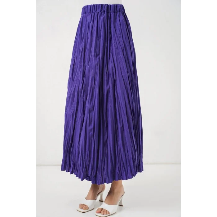 Uzun Kırışık Etek 8042 - Mor