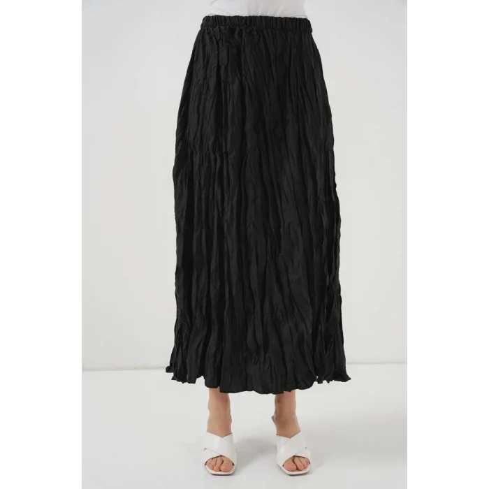 Uzun Kırışık Etek 8042 - Siyah