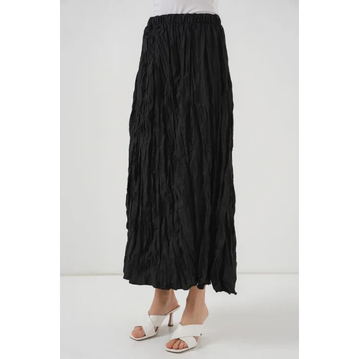Uzun Kırışık Etek 8042 - Siyah