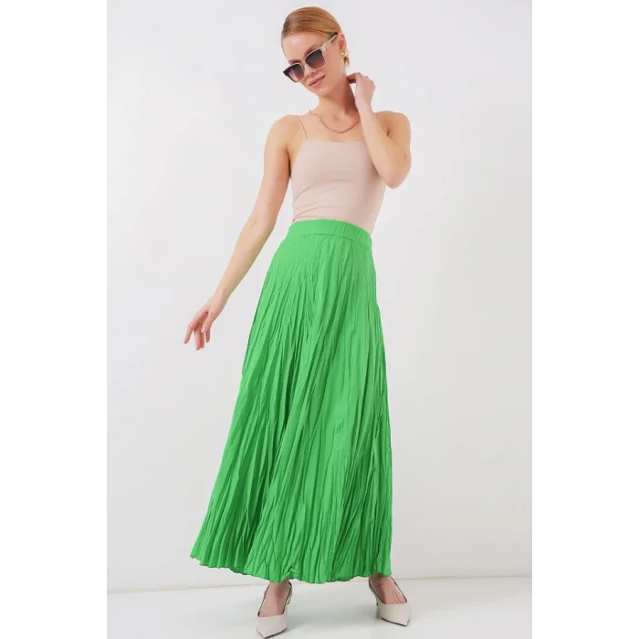Uzun Kırışık Etek 8042 - Yeşil