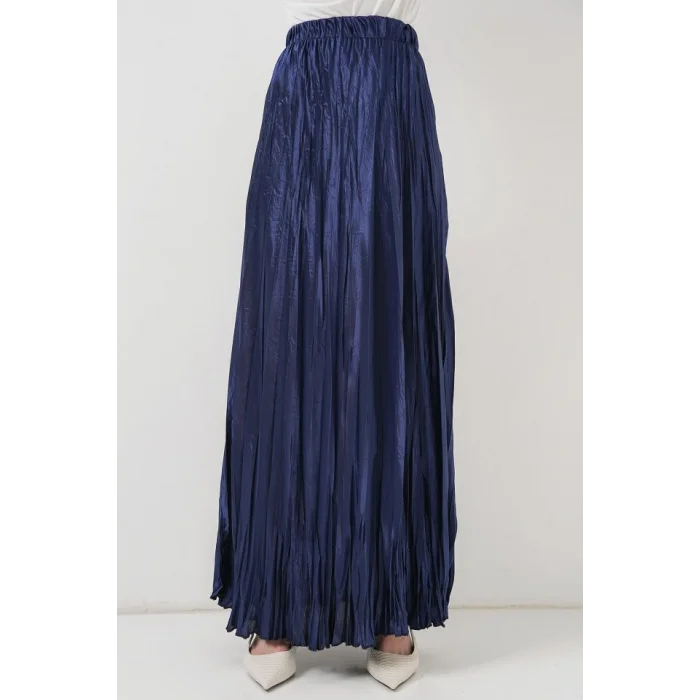 Uzun Kırışık Parlak Etek 8034 - D.Lacivert