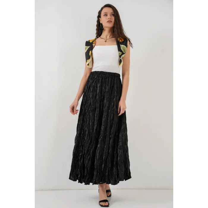 Uzun Kırışık Parlak Etek 8034 - Siyah