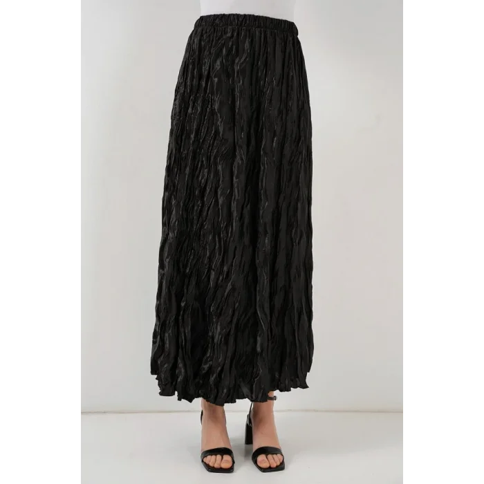 Uzun Kırışık Parlak Etek 8034 - Siyah