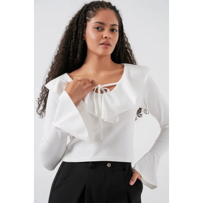 Uzun Kol Crop Bluz 979 - Beyaz