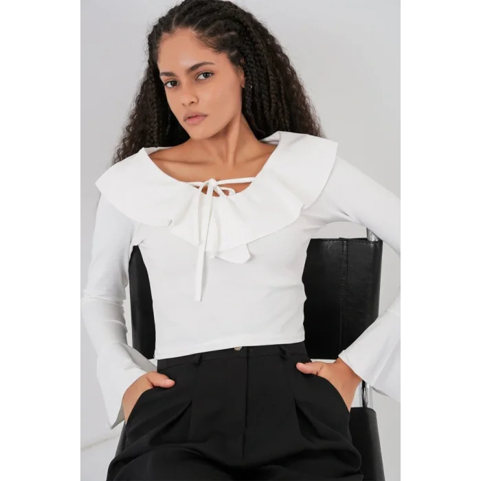 Uzun Kol Crop Bluz 979 - Beyaz
