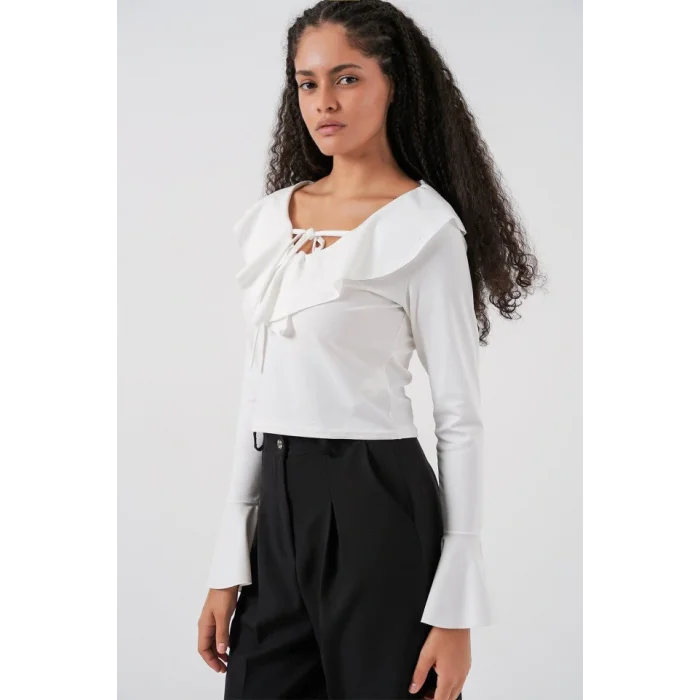 Uzun Kol Crop Bluz 979 - Beyaz