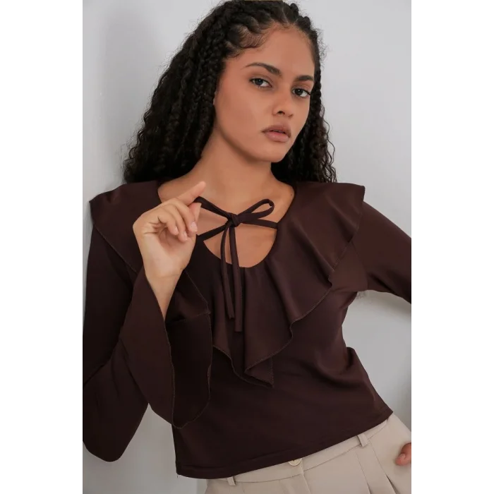 Uzun Kol Crop Bluz 979 - Kahverengi