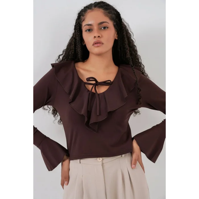 Uzun Kol Crop Bluz 979 - Kahverengi