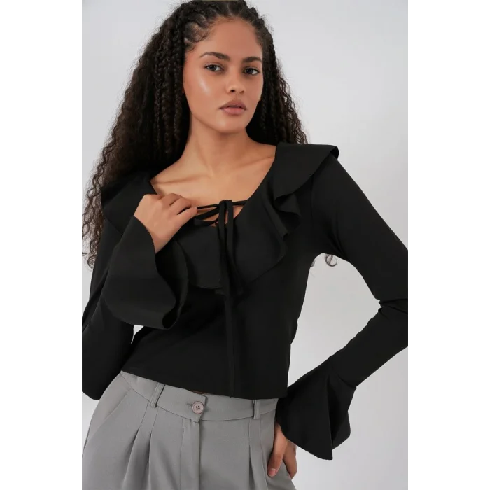Uzun Kol Crop Bluz 979 - Siyah