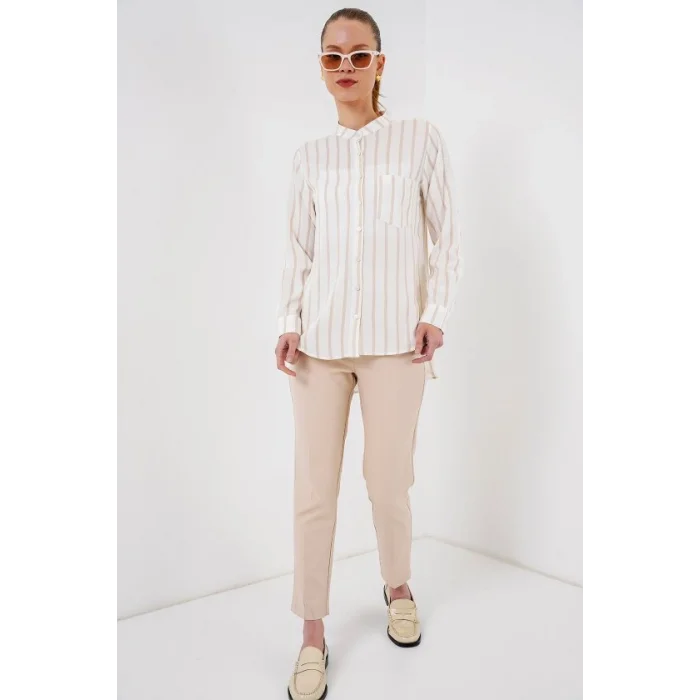 Uzun Kollu Çizgili Gömlek 20283 - Bej