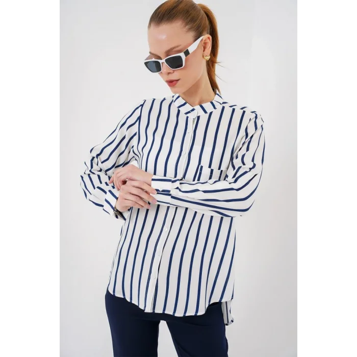 Uzun Kollu Çizgili Gömlek 20283 - B.Lacivert