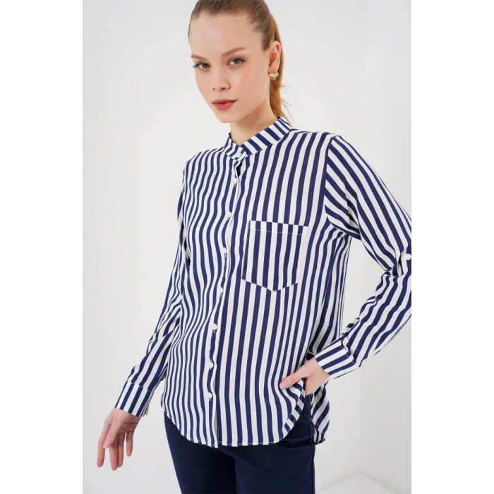 Uzun Kollu Çizgili Gömlek 20283 - Lacivert