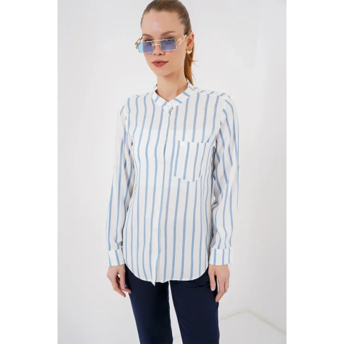 Uzun Kollu Çizgili Gömlek 20283 - Mavi