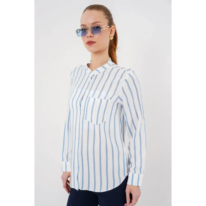 Uzun Kollu Çizgili Gömlek 20283 - Mavi