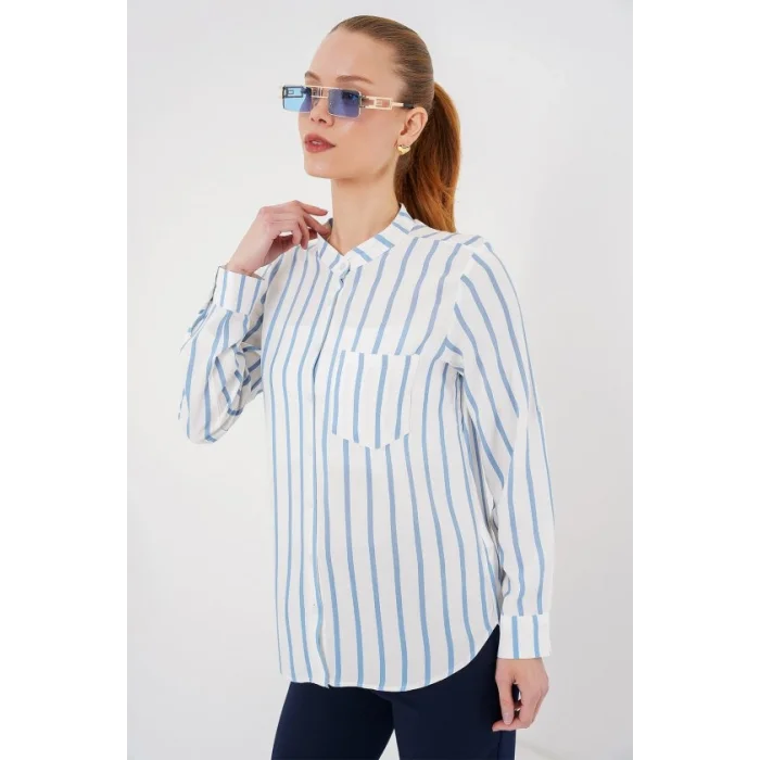 Uzun Kollu Çizgili Gömlek 20283 - Mavi