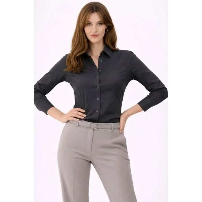 Uzun Kollu Gömlek Düğmeli Klasik Yaka Günlük Ve Ofis Şıklığına Uygun - Füme