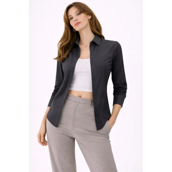 Uzun Kollu Gömlek Düğmeli Klasik Yaka Günlük Ve Ofis Şıklığına Uygun - Füme